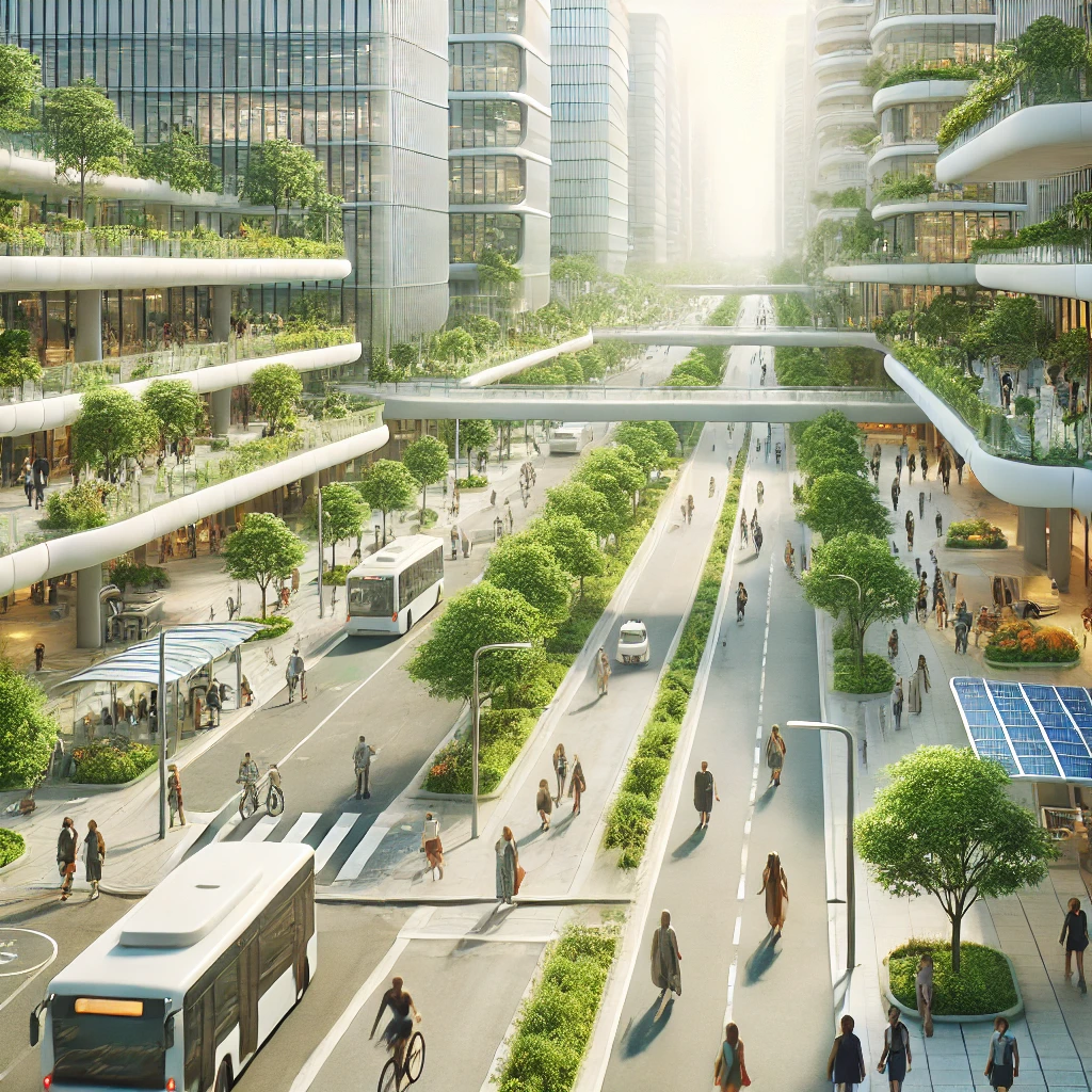 People gathering in an urban public space with green and solar-oriented design