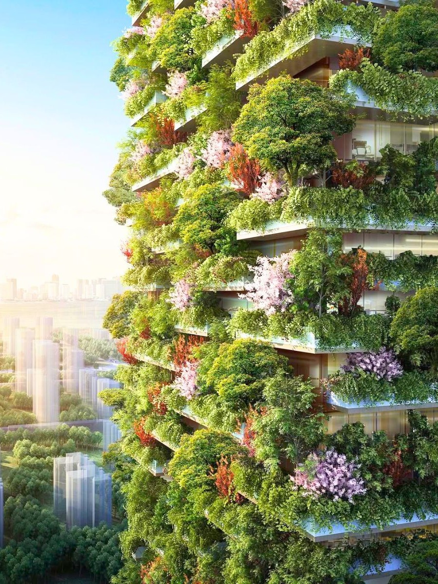 Green city skyline with trees, solar-inspired architecture, and warm daylight